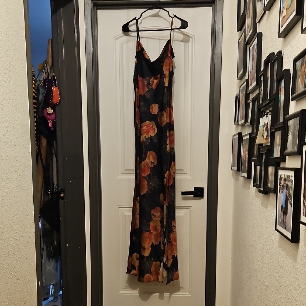 Miss Lola Black and Orange Spaghetti Strap Maxi Dress